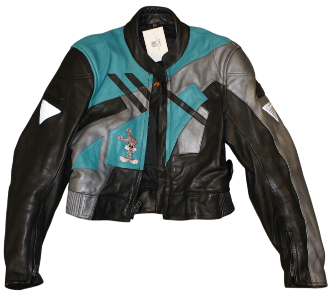 Hein Gericke Jacke Schwarzes, graues und blaugrünes Leder, Hasenstickerei, Größe M