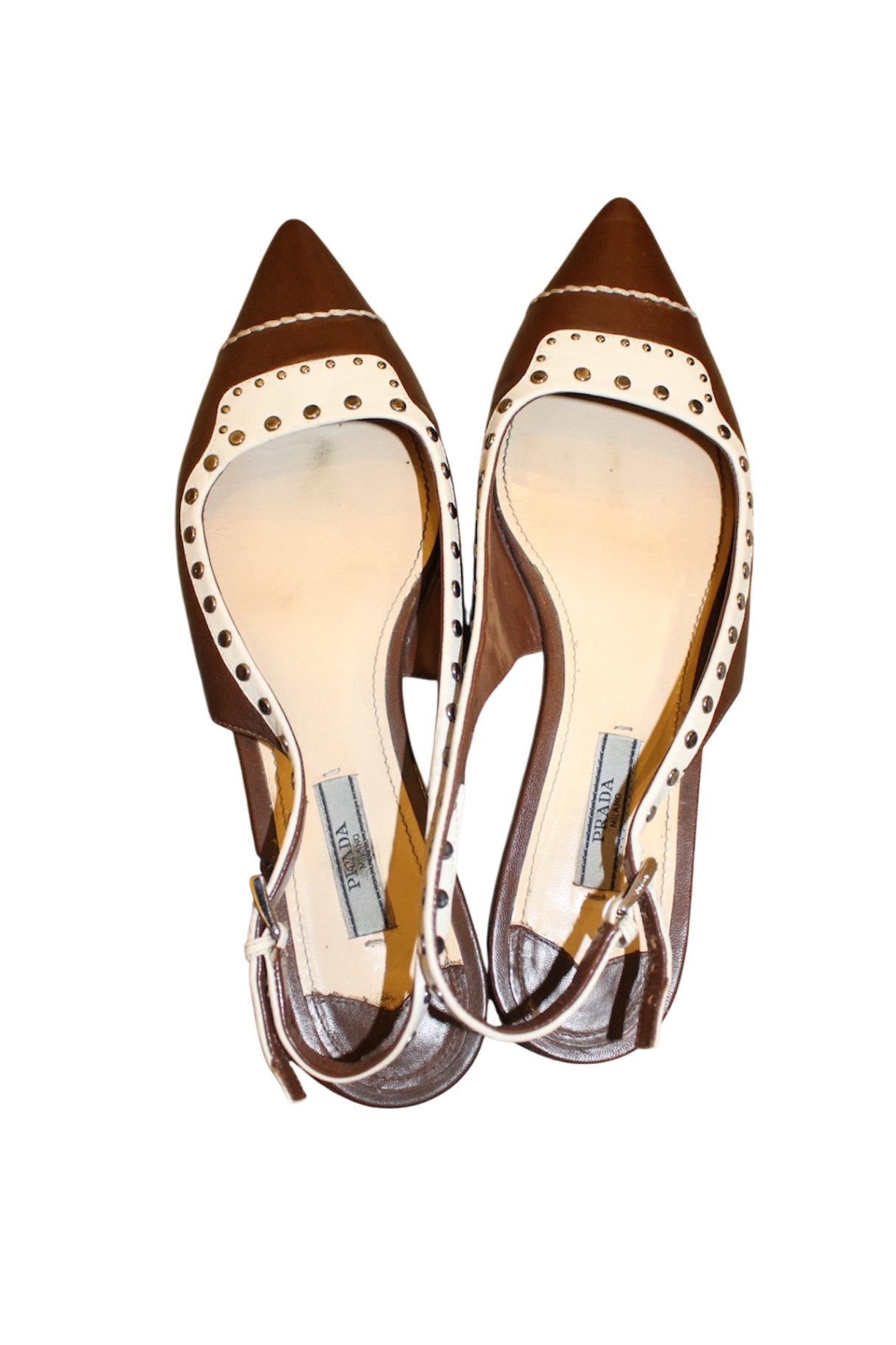 Prada Schuhe Braun und Weiß, Spitz zulaufende Ballerinas, Leder, Größe 39