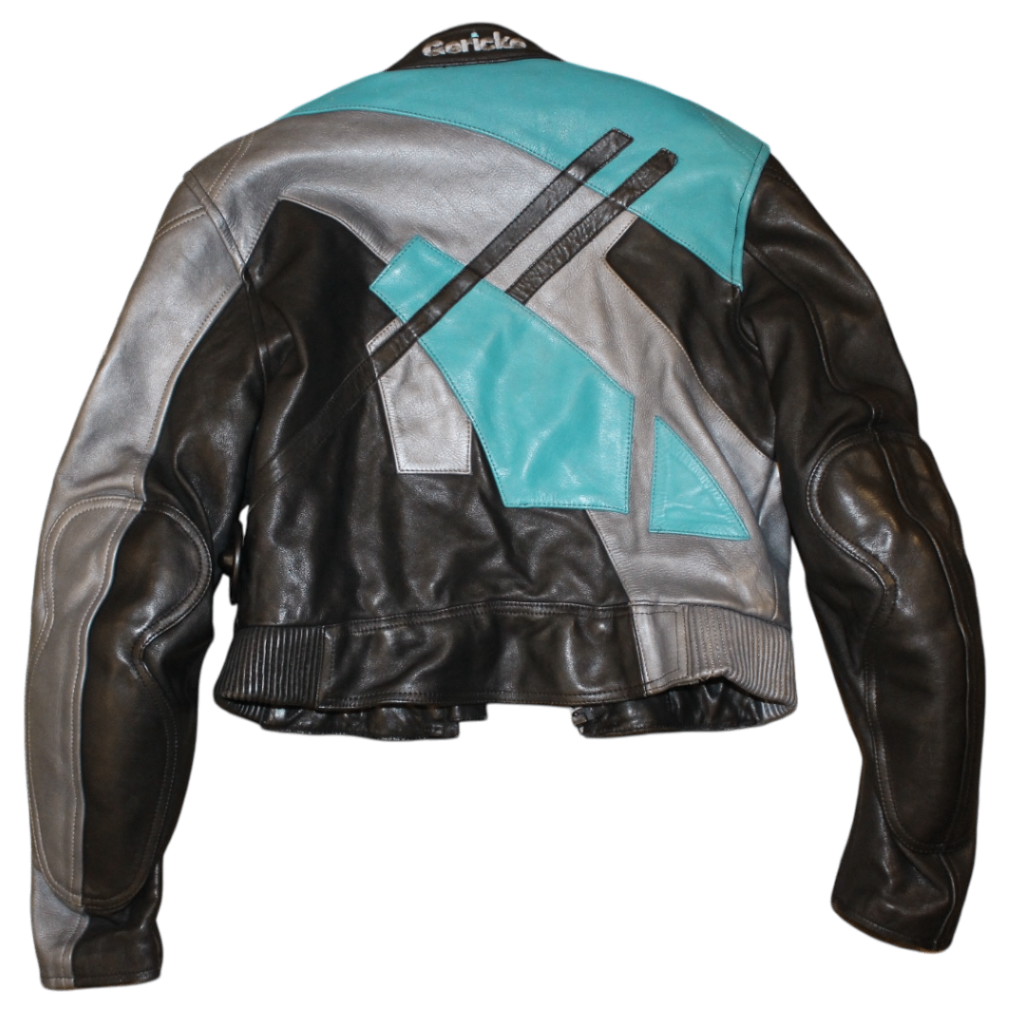 Hein Gericke Jacke Schwarzes, graues und blaugrünes Leder, Hasenstickerei, Größe M