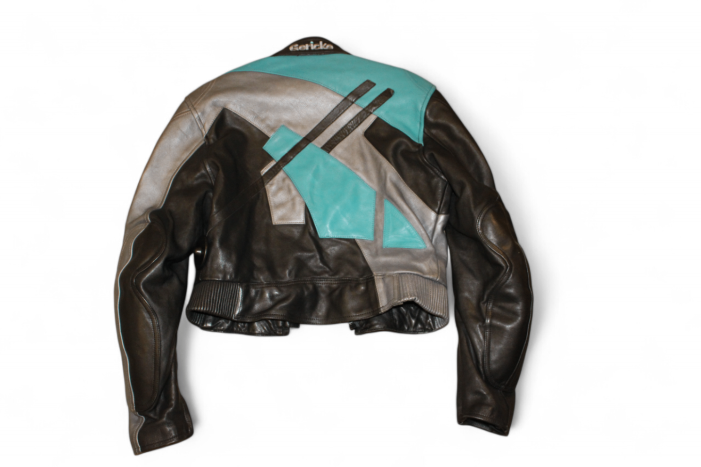Hein Gericke Jacke Schwarzes, graues und blaugrünes Leder, Hasenstickerei, Größe M