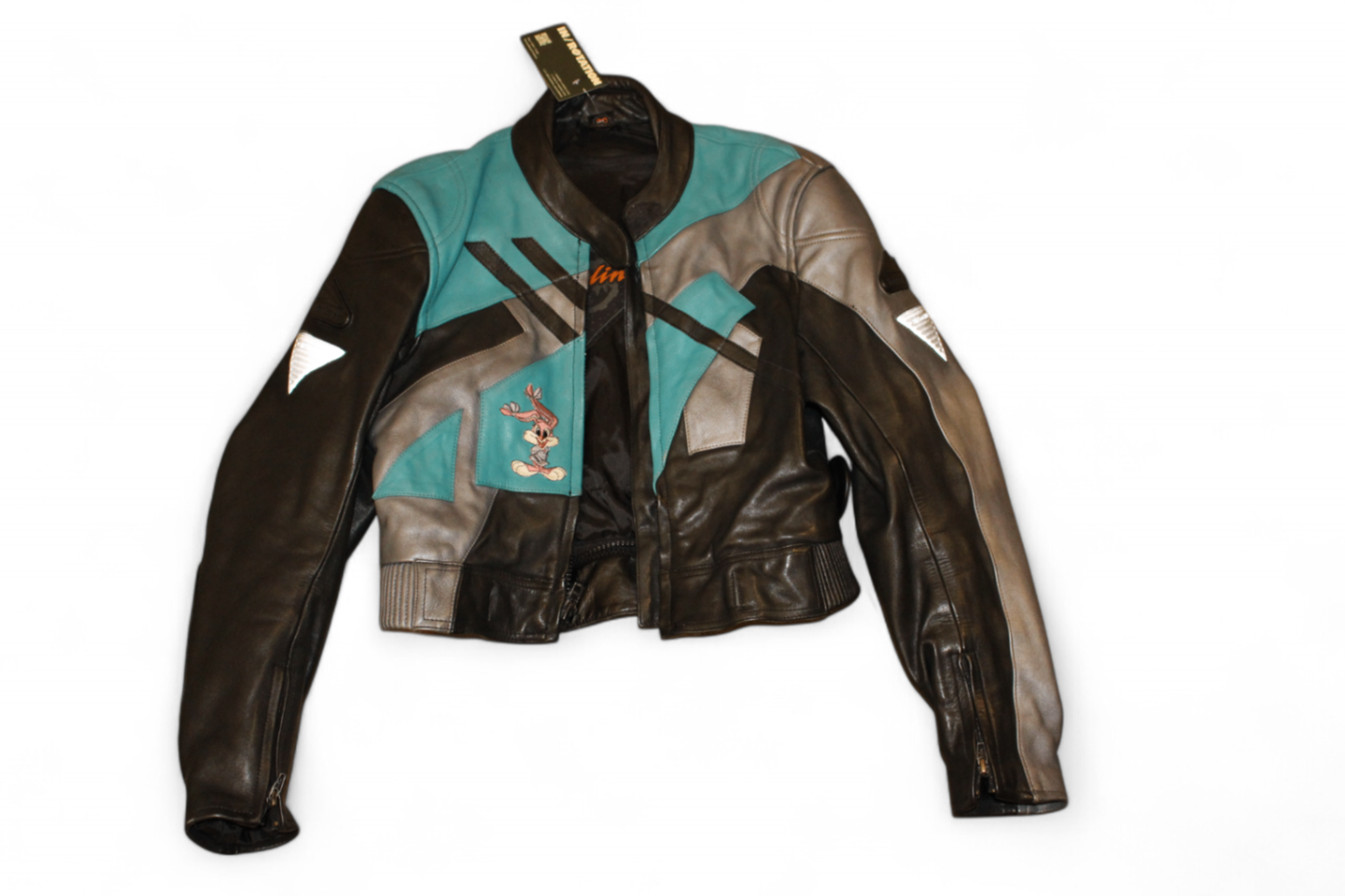 Hein Gericke Jacke Schwarzes, graues und blaugrünes Leder, Hasenstickerei, Größe M