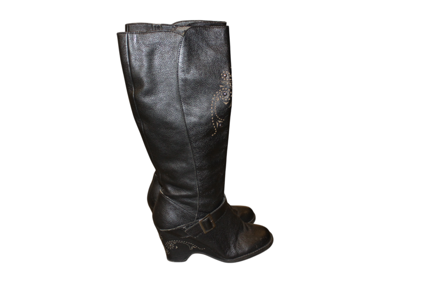 Soho Lab Boots Schwarzes Leder, Nieten, Keilabsatz, Größe 38,5