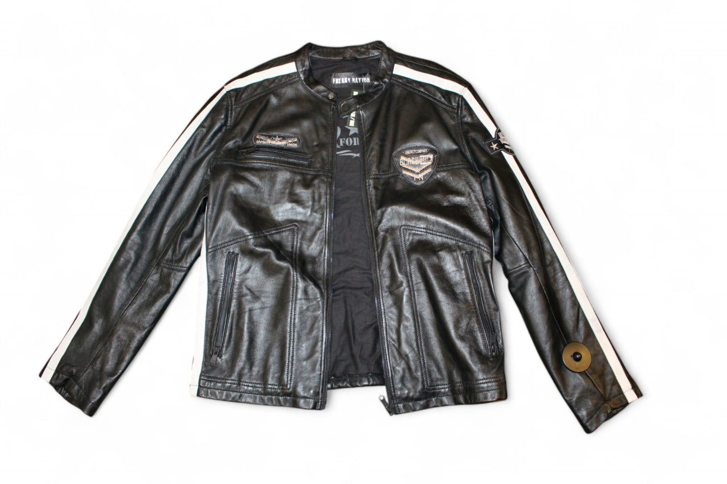Freaky Nation Jacket XL Black Leather, Red and white stripes