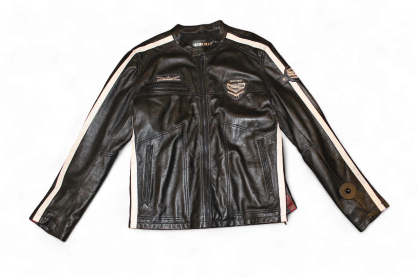 Freaky Nation Jacket XL Black Leather, Red and white stripes