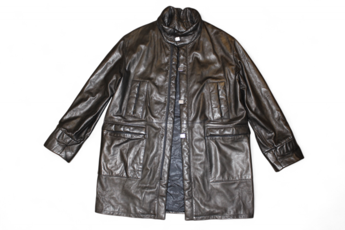 Vintage Coat Black Leather, Metal panels, Size L
