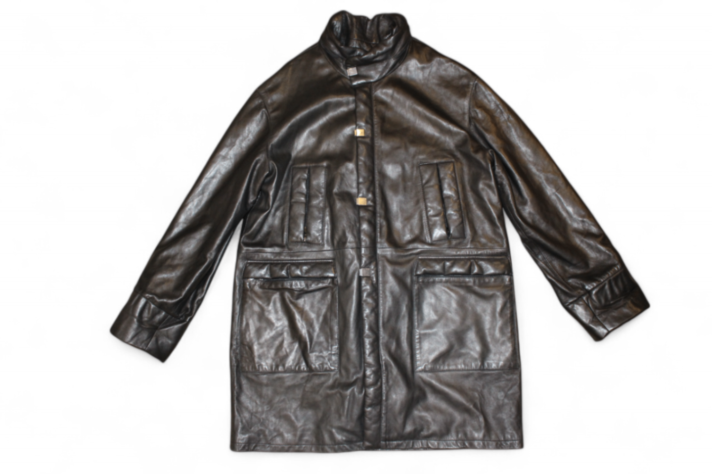 Vintage Coat Black Leather, Metal panels, Size L