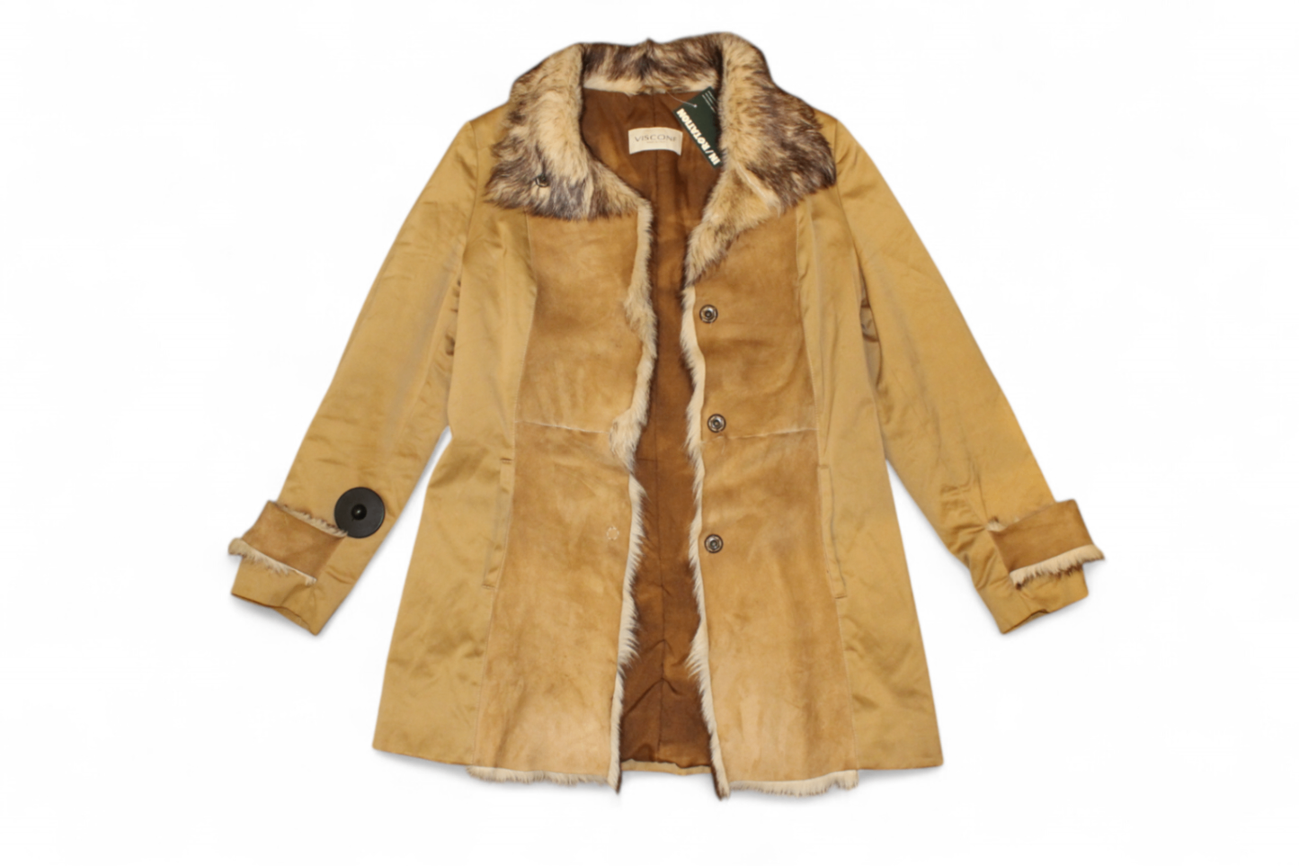 Vintage Coat Camel Faux suede, Faux fur trim, Visconf, Size M