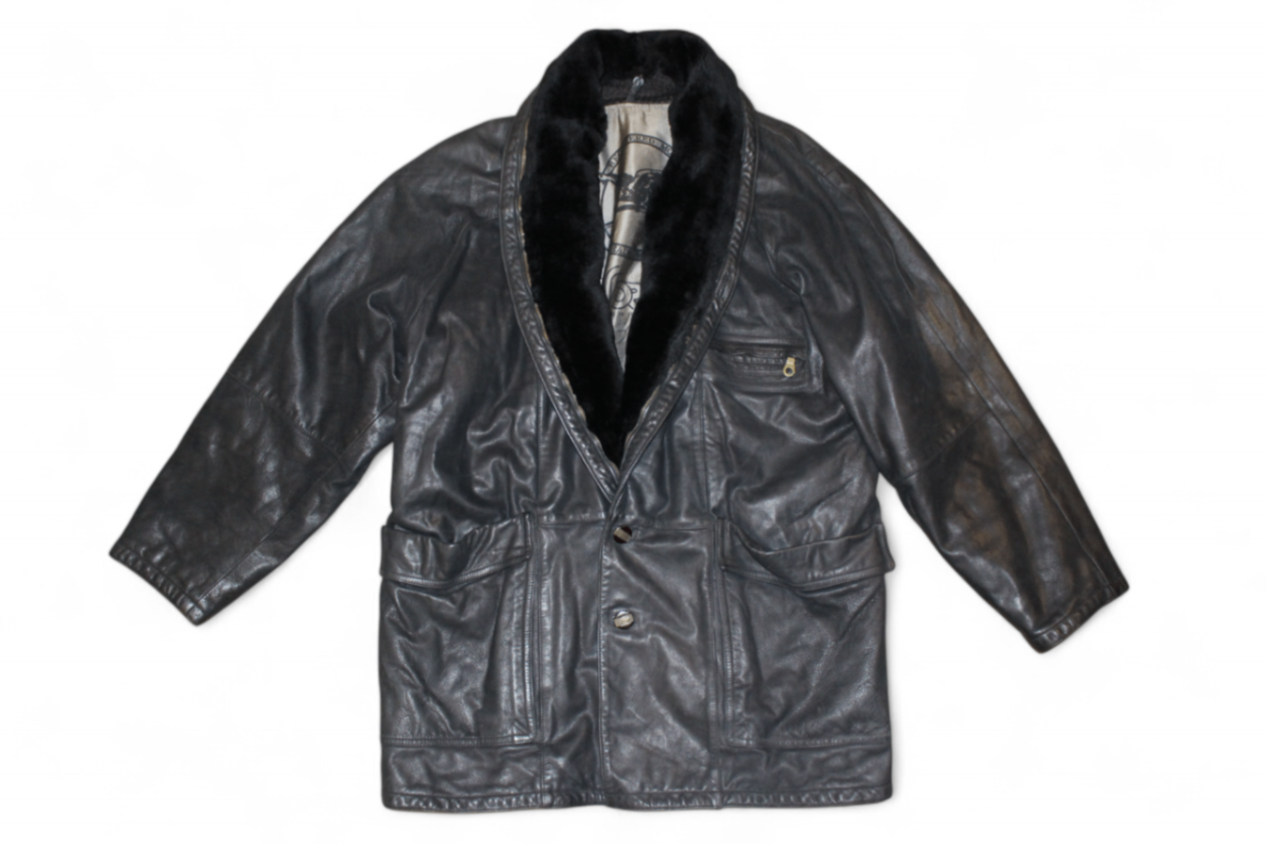 Vintage Coat Black Leather, Faux fur lined, Vorti, Size M