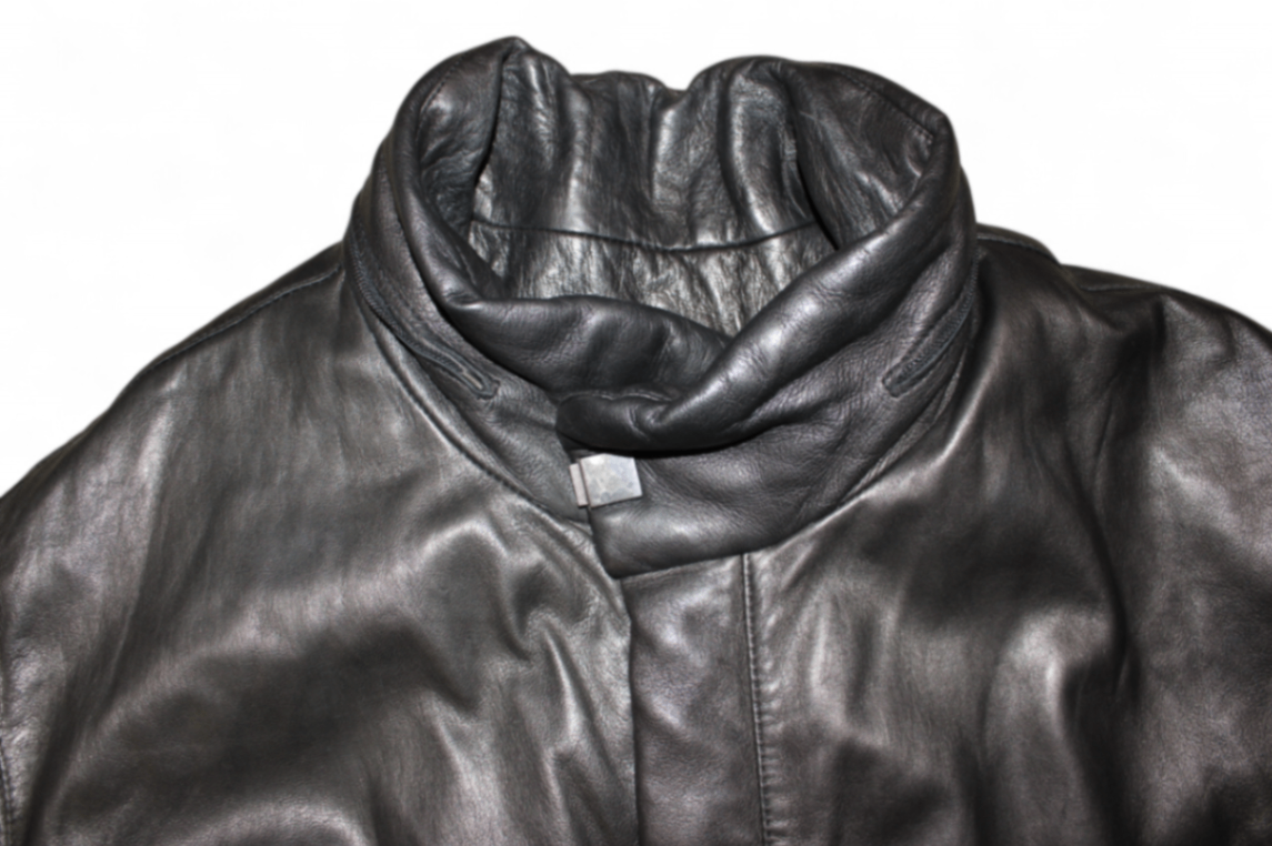 Vintage Coat Black Leather, Metal panels, Size L