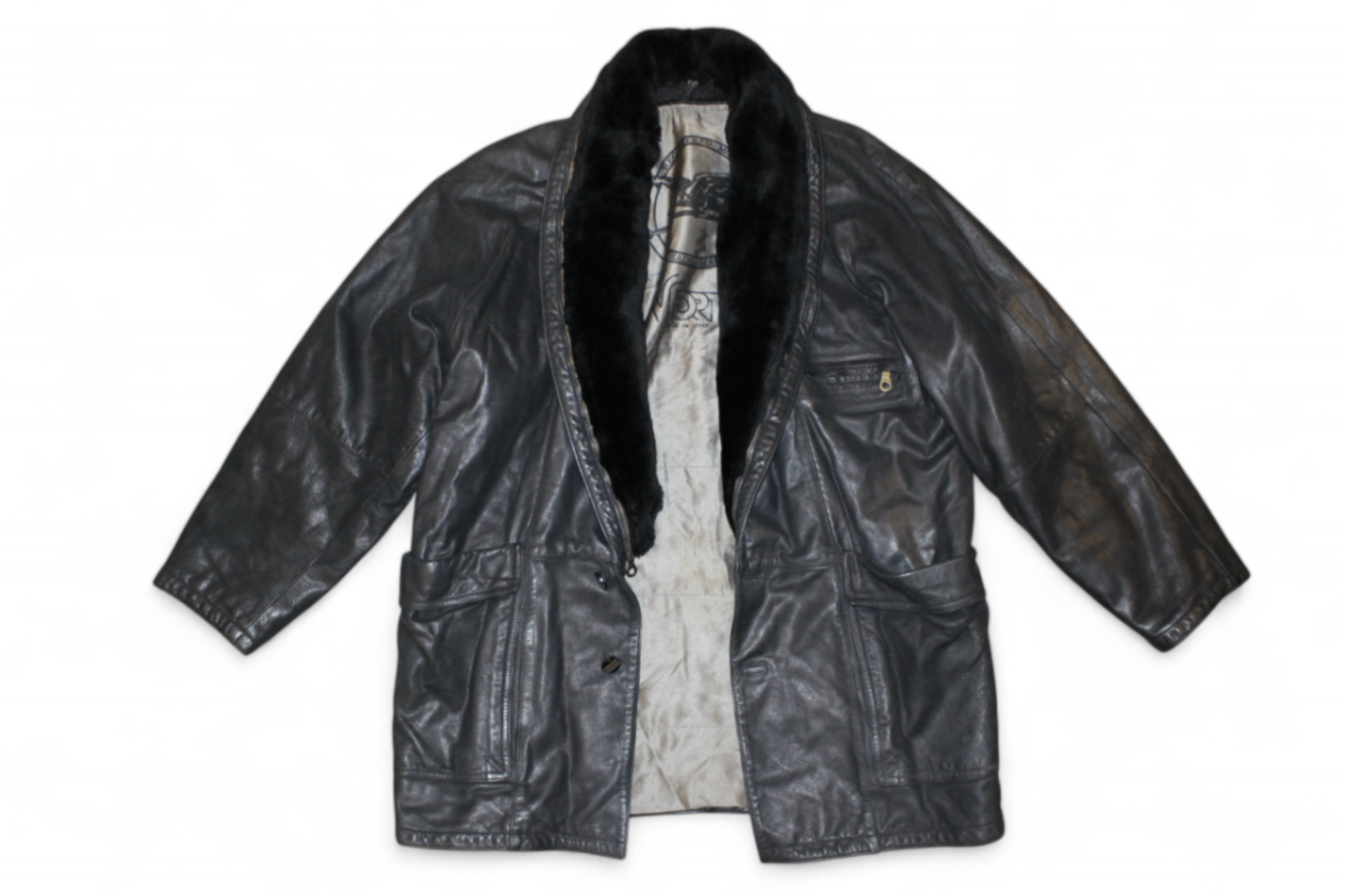Vintage Coat Black Leather, Faux fur lined, Vorti, Size M