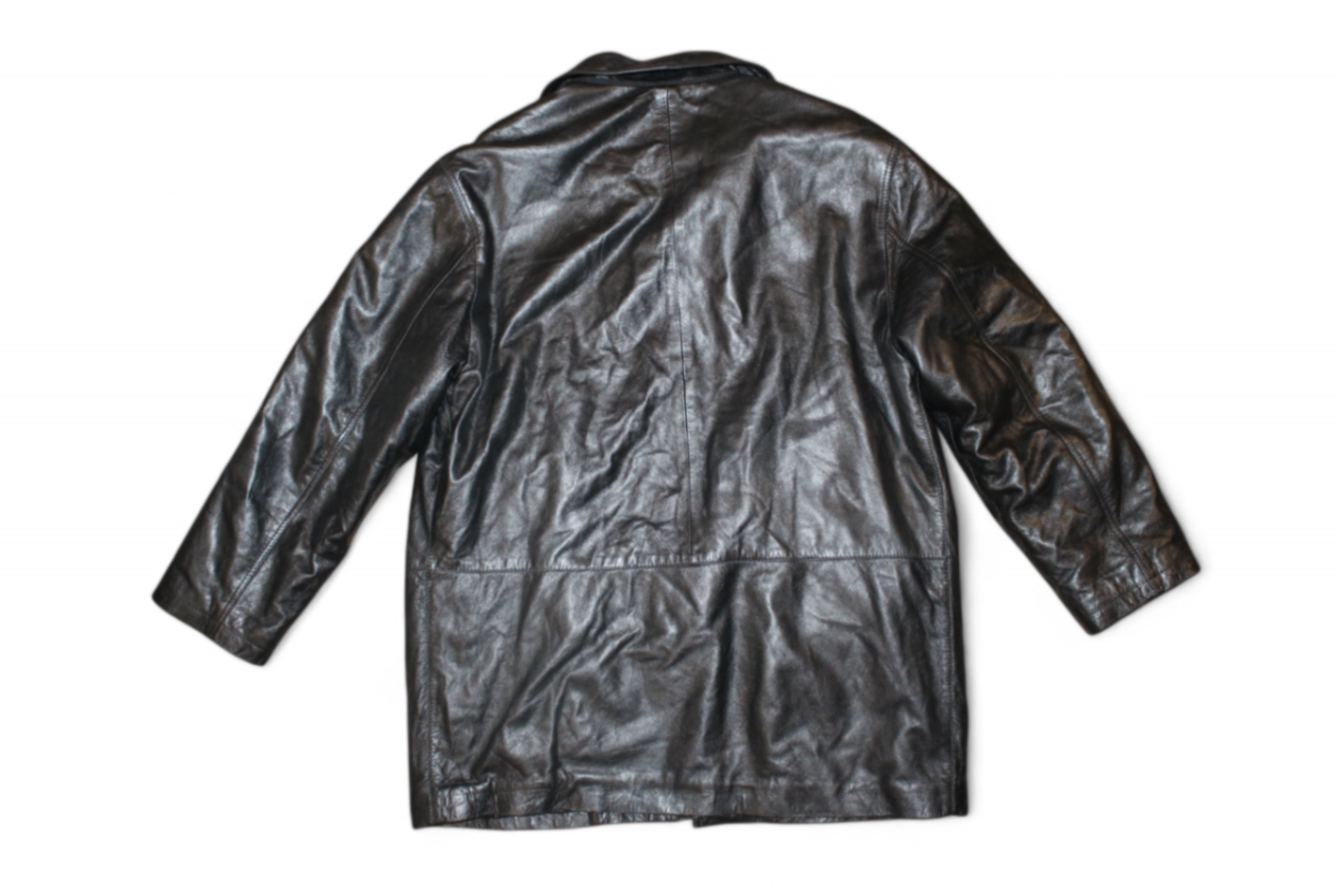 Vintage Coat Black Leather, Padded, Size L