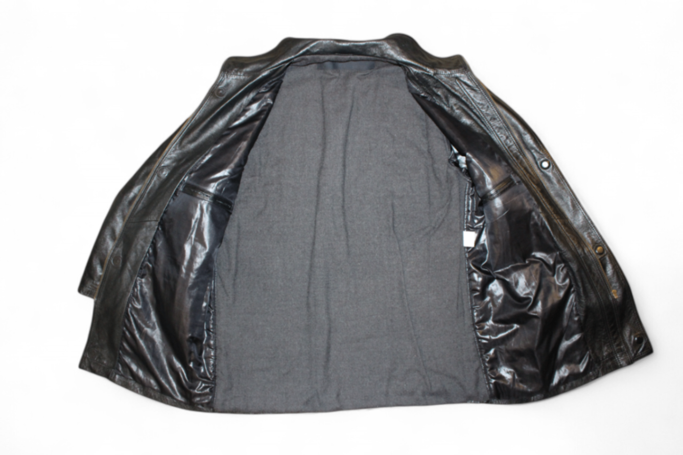 Vintage Coat Black Leather, Padded, Size L