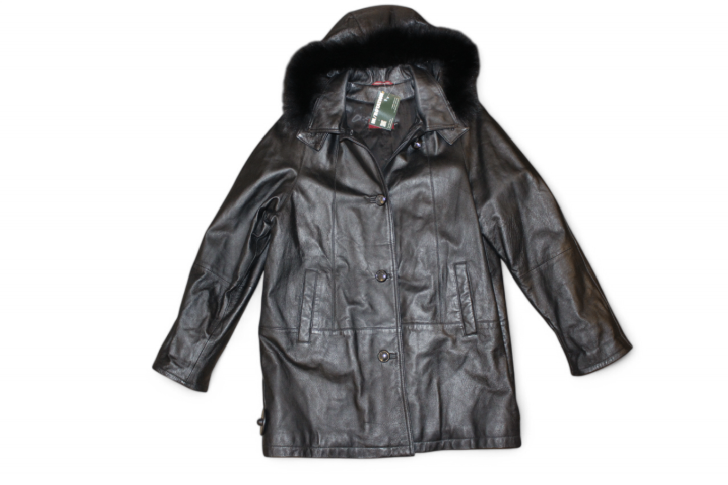 Private Coat M/L Black Leather, Detachable faux fur hood, Se
