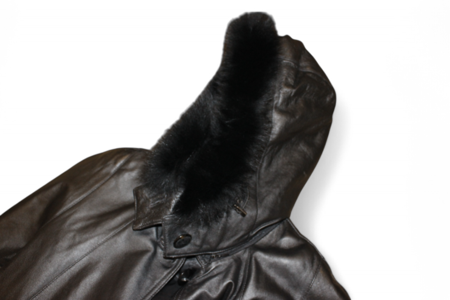 Private Coat M/L Black Leather, Detachable faux fur hood, Se