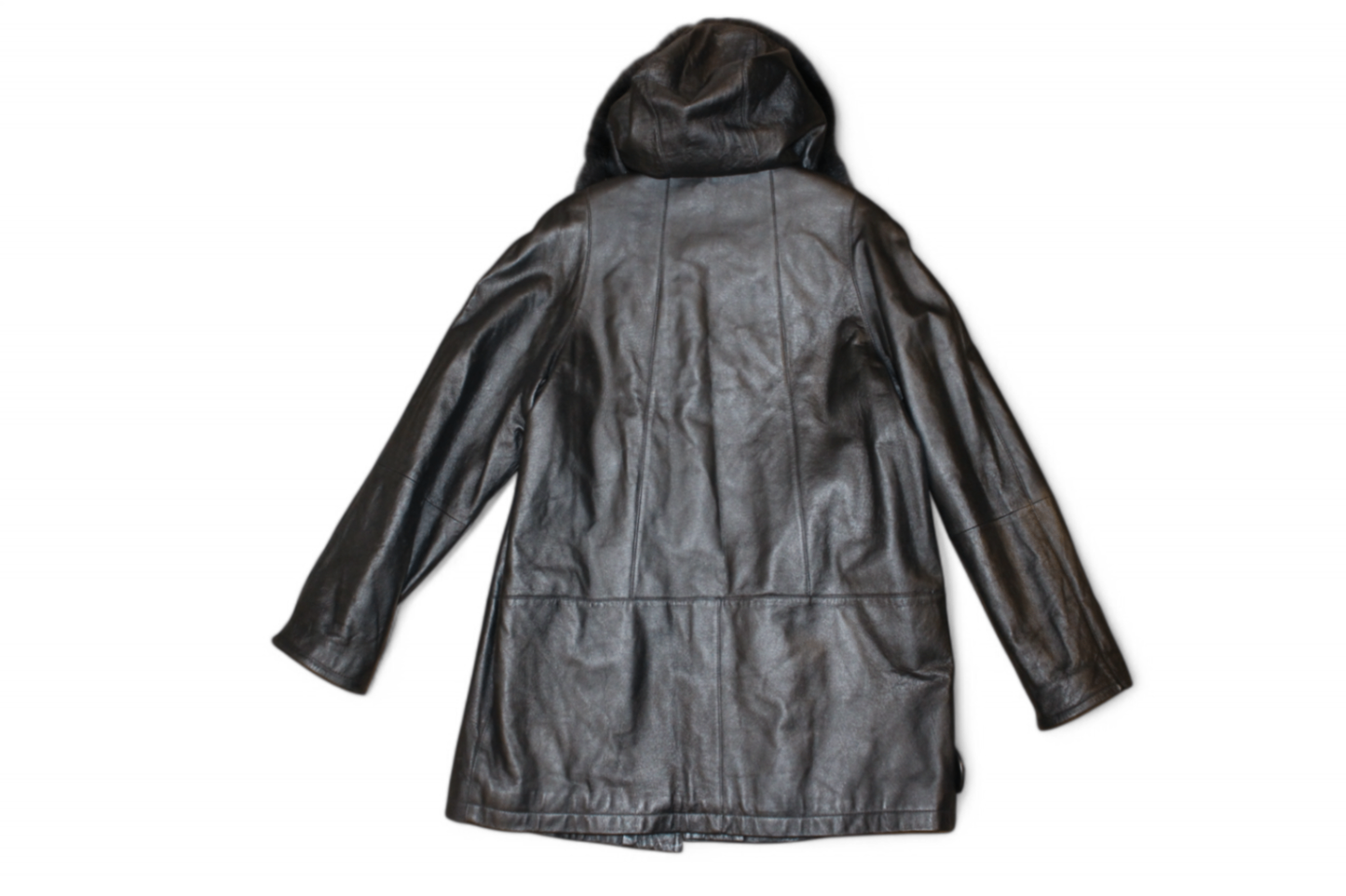 Private Coat M/L Black Leather, Detachable faux fur hood, Se