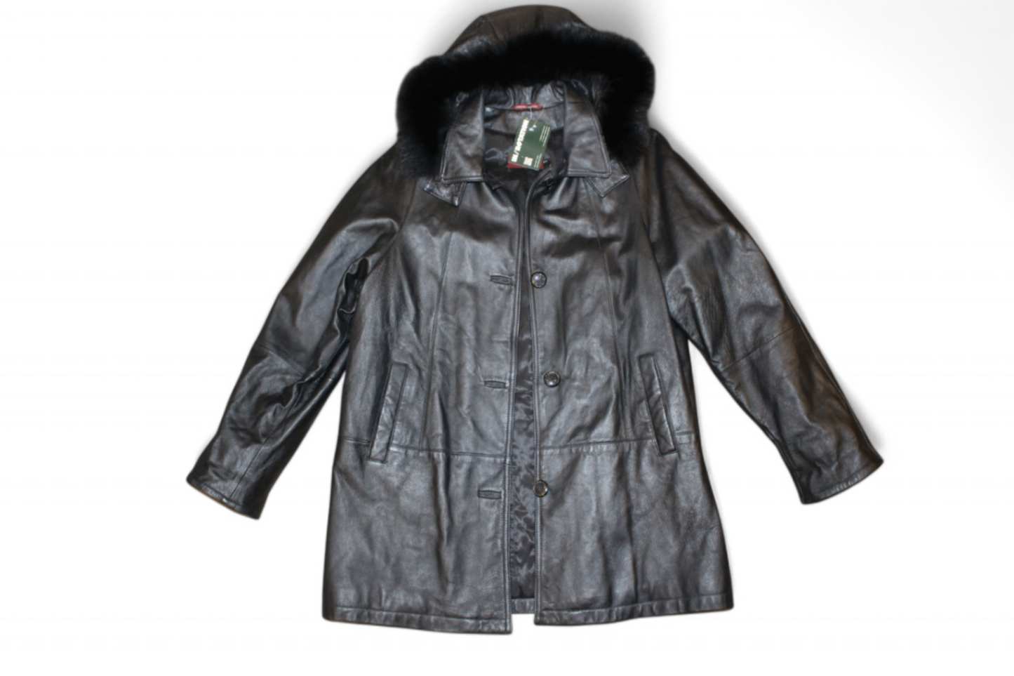 Private Coat M/L Black Leather, Detachable faux fur hood, Se