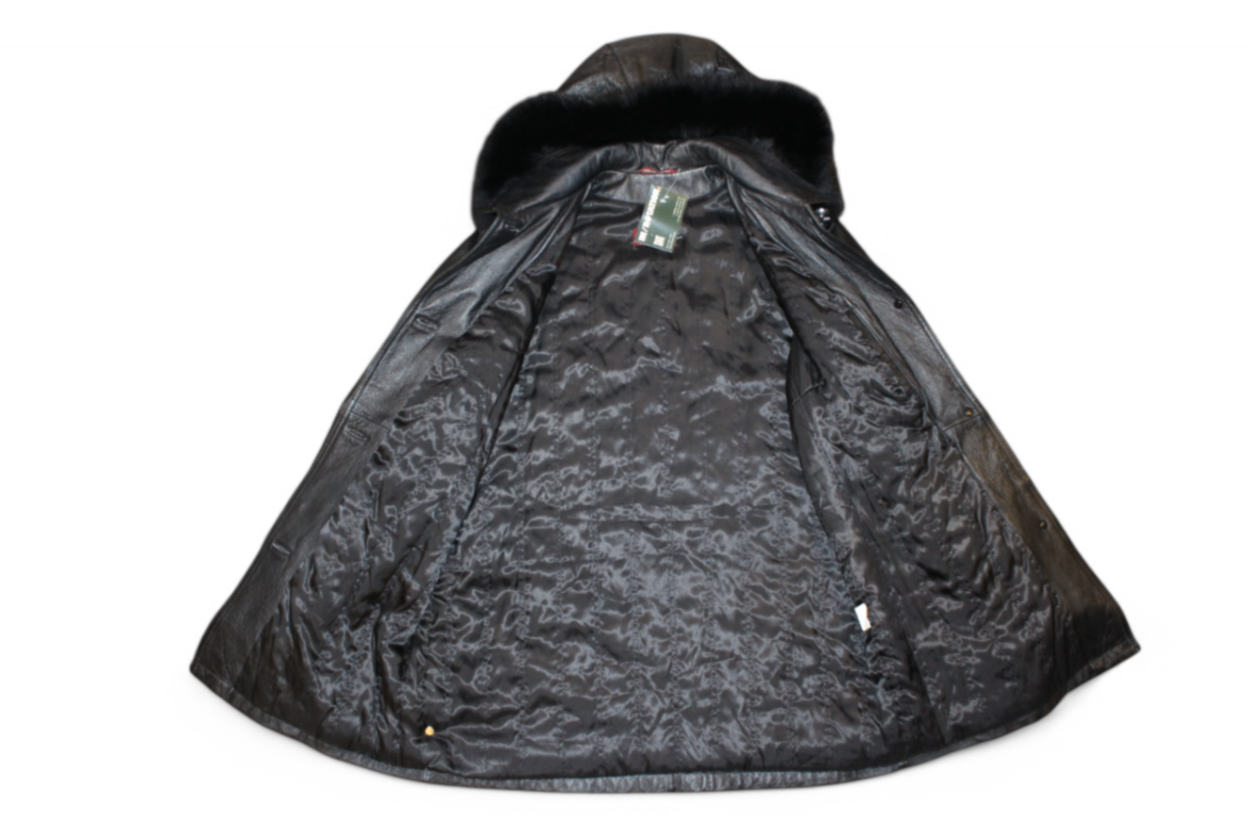 Private Coat M/L Black Leather, Detachable faux fur hood, Se