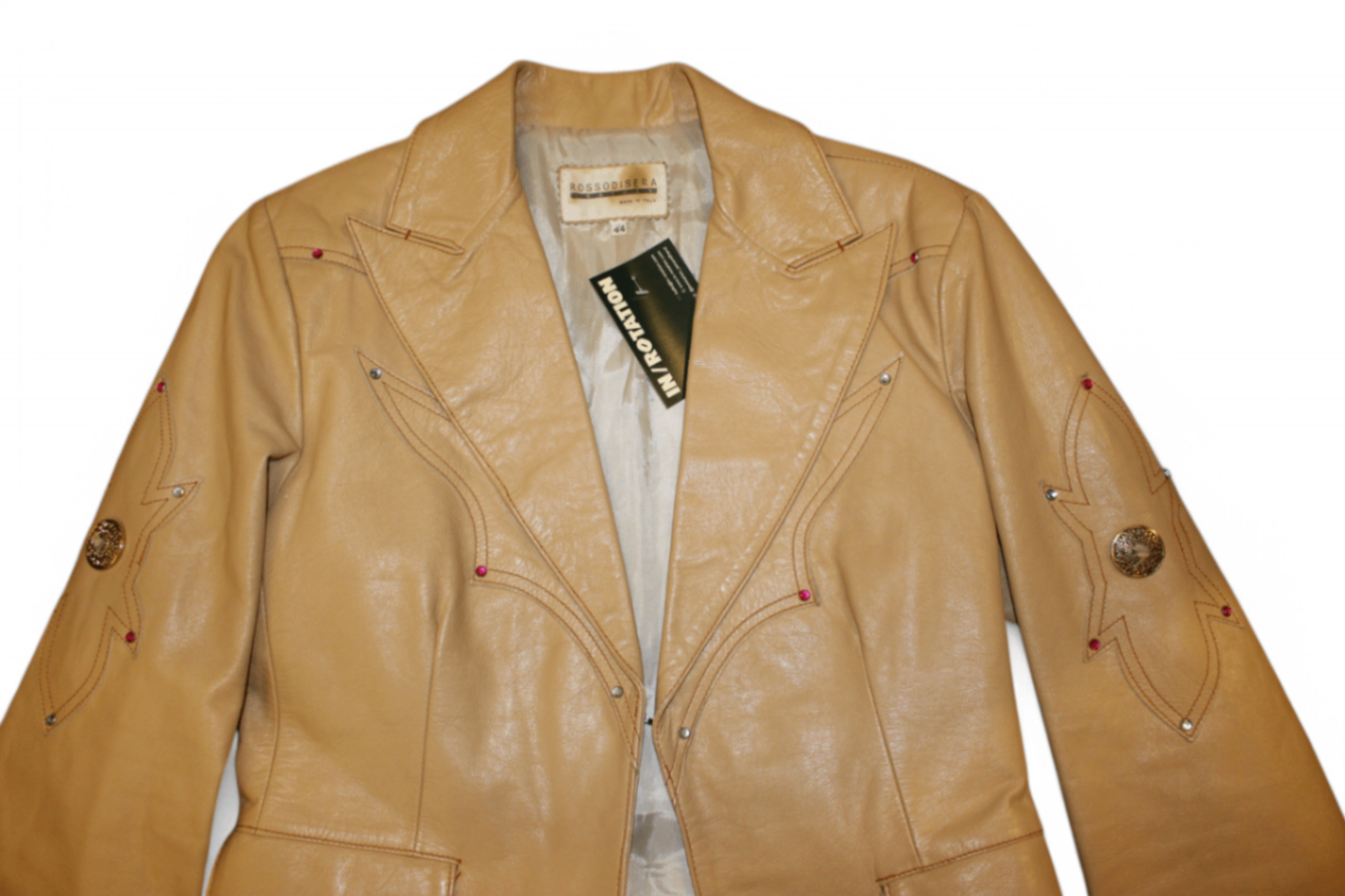Vintage Jacket M Beige Leather, Western/Cowboy, Bejewelled, Rossodisera, C