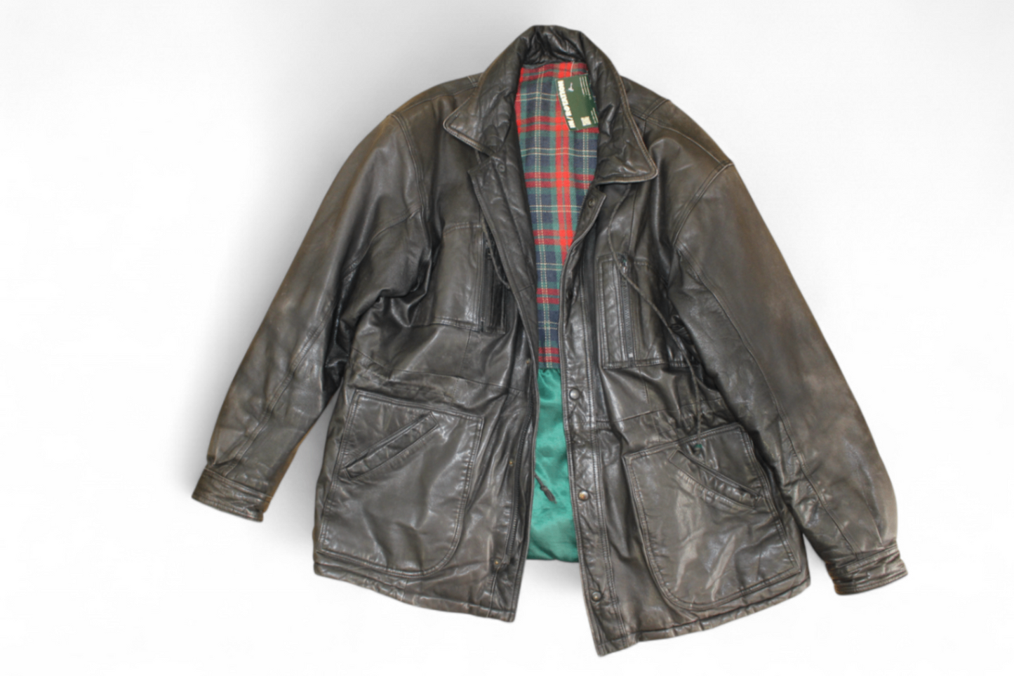 Vintage Jacket XL Black Leather, Tartan lining, B