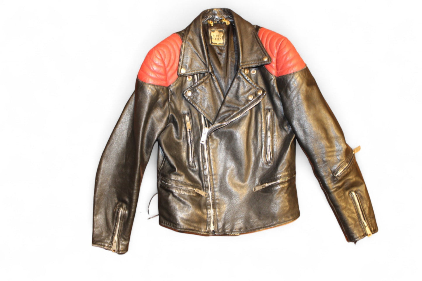 W - Vintage Jacket M/L Black and red Leather, Biker Moto, T
