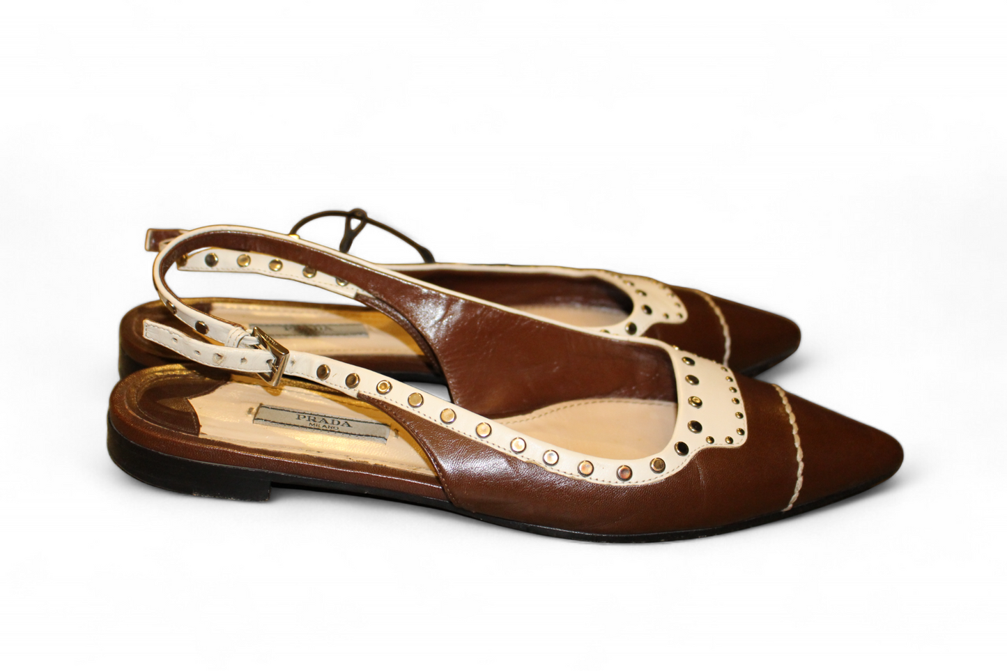 Prada Schuhe Braun und Weiß, Spitz zulaufende Ballerinas, Leder, Größe 39