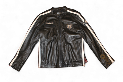Freaky Nation Jacket XL Black Leather, Red and white stripes