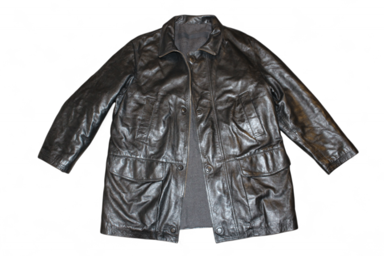 Vintage Coat Black Leather, Padded, Size L