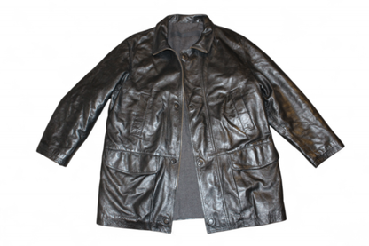 Vintage Coat Black Leather, Padded, Size L