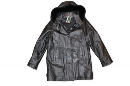Private Coat M/L Black Leather, Detachable faux fur hood, Se
