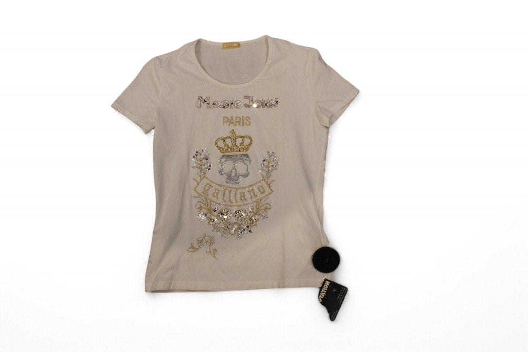 Galliano Tshirt S White Cotton blend, Gold and silver embroidery, B