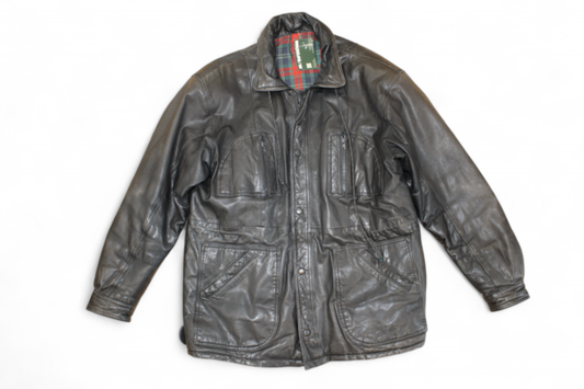 Vintage Jacket XL Black Leather, Tartan lining, B