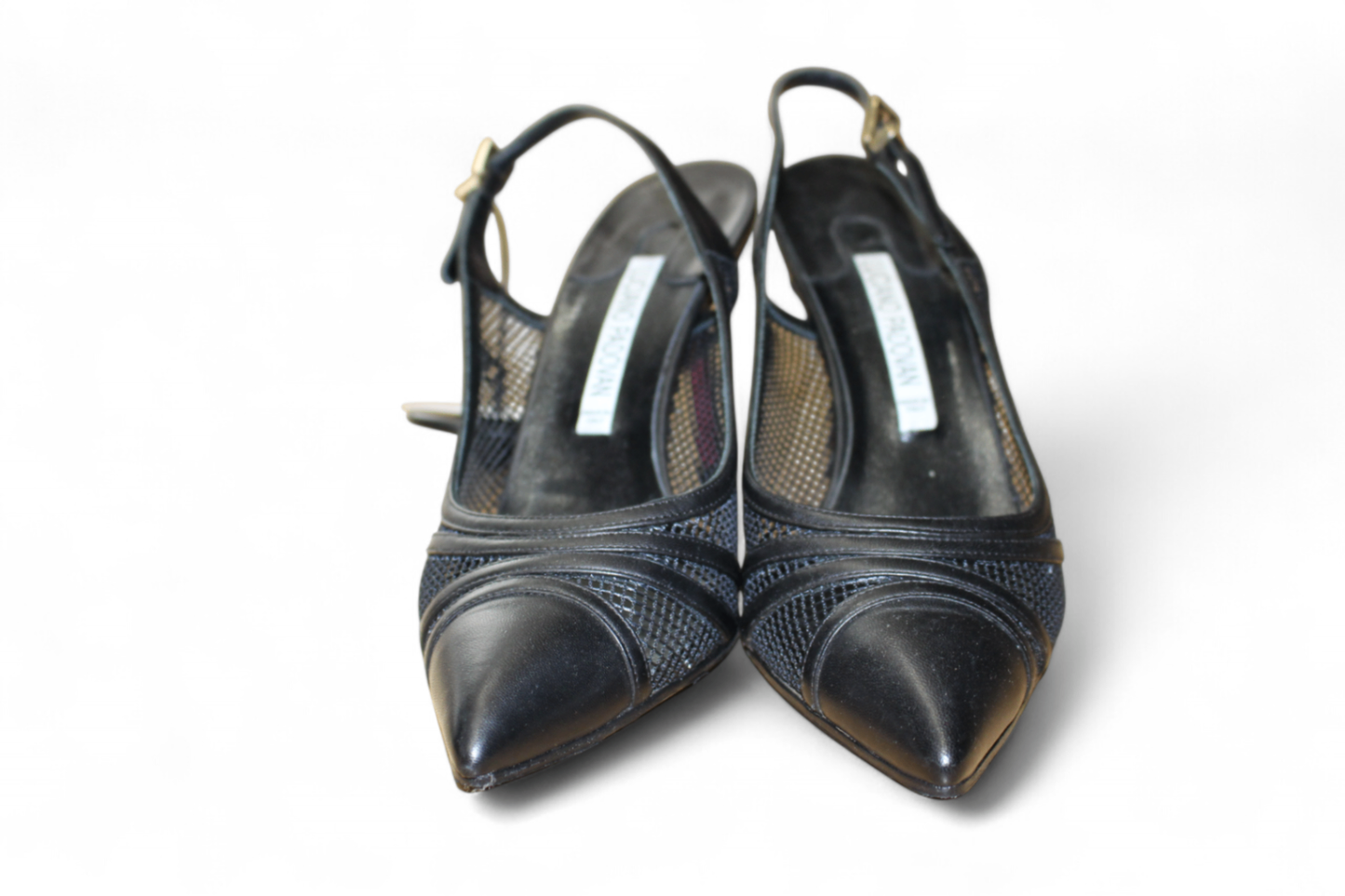 Luciano Padovano Kitten Heels, Black Leather, mesh panels, Size 38 (Mainzerstr)