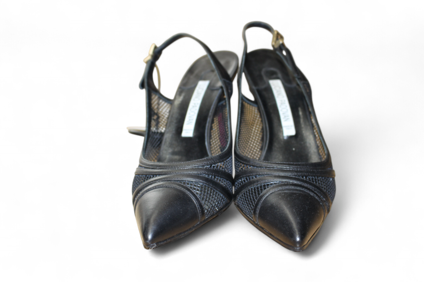 Luciano Padovano Kitten Heels, Black Leather, mesh panels, Size 38 (Mainzerstr)