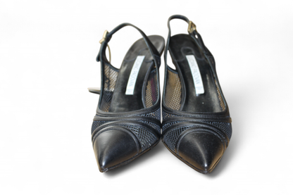 Luciano Padovano Kitten Heels, Black Leather, mesh panels, Size 38 (Mainzerstr)