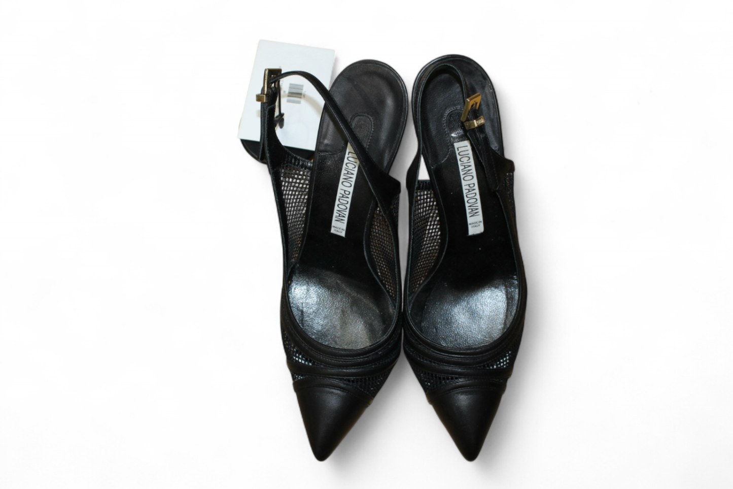 Luciano Padovano Kitten Heels, Black Leather, mesh panels, Size 38 (Mainzerstr)
