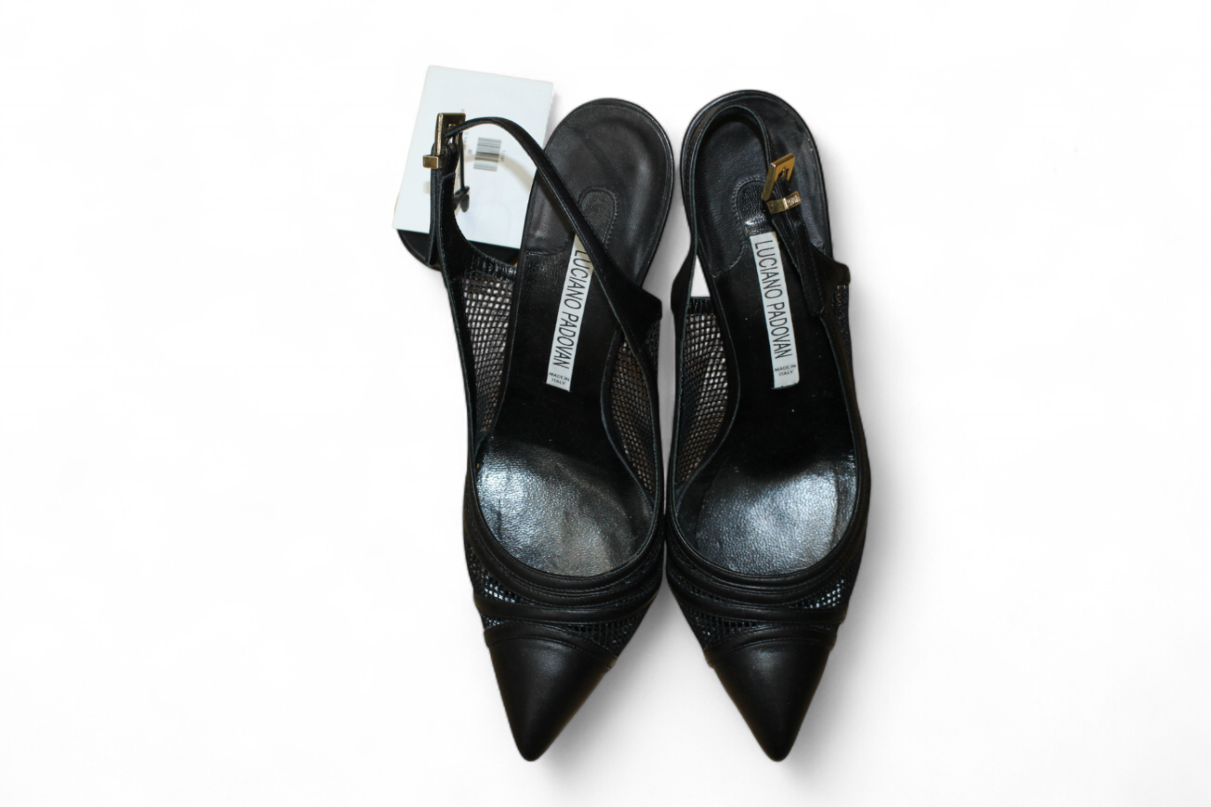 Luciano Padovano Kitten Heels, Black Leather, mesh panels, Size 38 (Mainzerstr)
