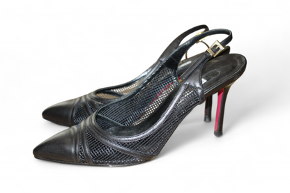 Luciano Padovano Kitten Heels, Black Leather, mesh panels, Size 38 (Mainzerstr)