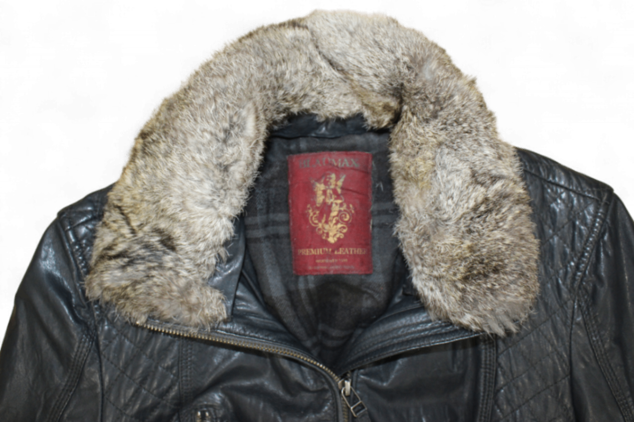 M - Vintage Jacket M Black Leather, Removable fur collar, Blaumax, B