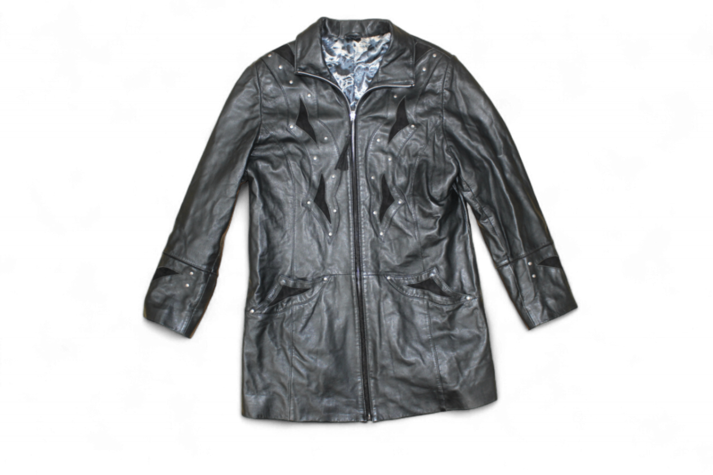 M - Vintage Coat L Black Leather, Suede panels, Blue floral lining, B