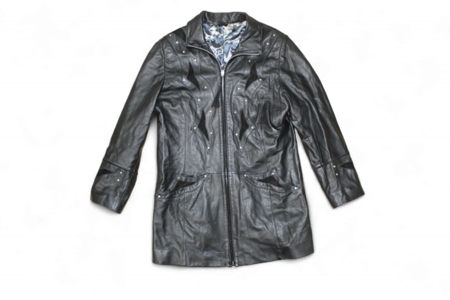 M - Vintage Coat L Black Leather, Suede panels, Blue floral lining, B