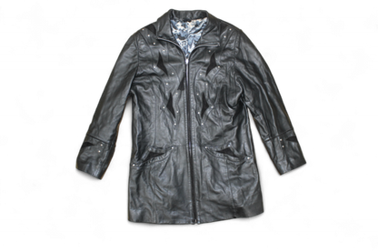 M - Vintage Coat L Black Leather, Suede panels, Blue floral lining, B