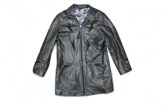 M - Vintage Coat L Black Leather, Suede panels, Blue floral lining, B