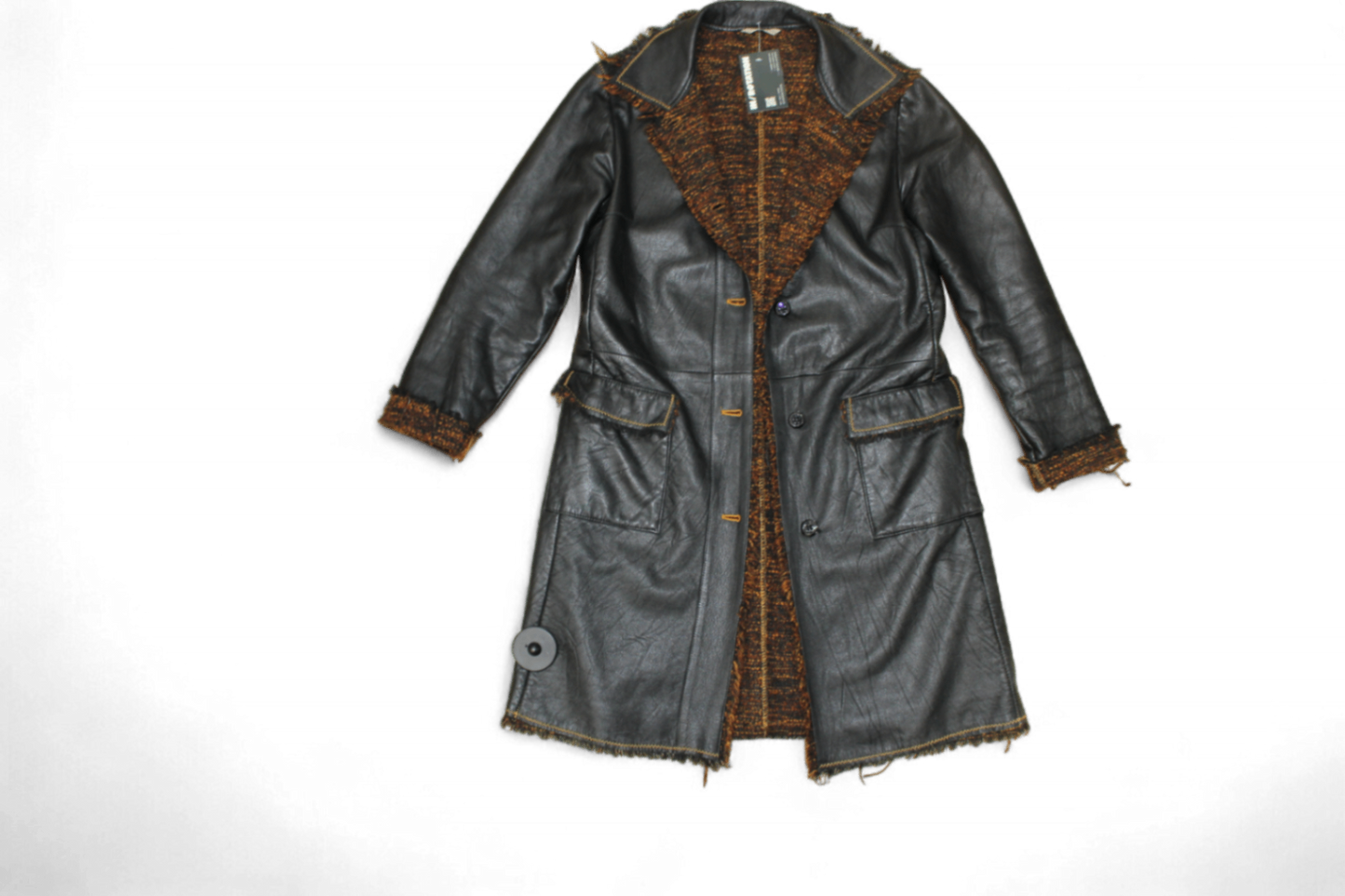 M - Vintage Coat M/L Black Leather, Tweed lining, Leonardo, T