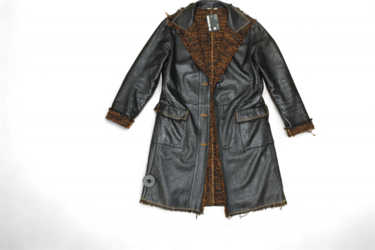 M - Vintage Coat M/L Black Leather, Tweed lining, Leonardo, T