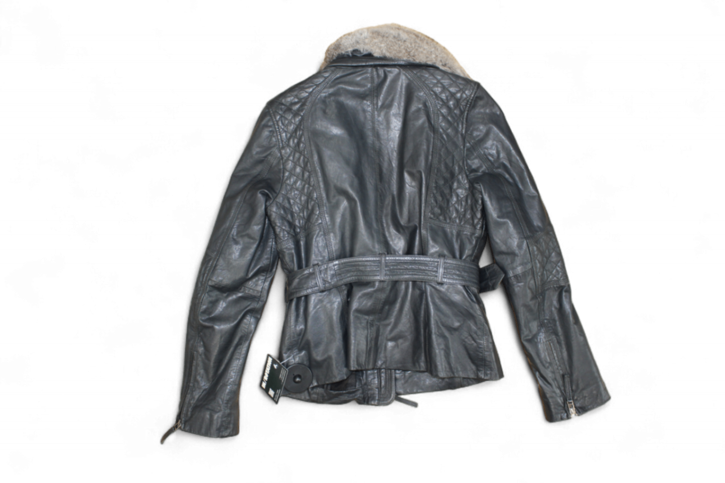 M - Vintage Jacket M Black Leather, Removable fur collar, Blaumax, B