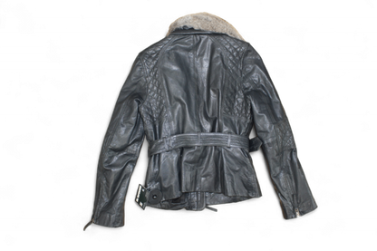 M - Vintage Jacket M Black Leather, Removable fur collar, Blaumax, B