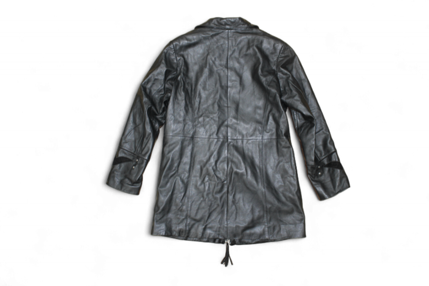 M - Vintage Coat L Black Leather, Suede panels, Blue floral lining, B
