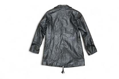 M - Vintage Coat L Black Leather, Suede panels, Blue floral lining, B