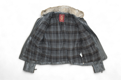 M - Vintage Jacket M Black Leather, Removable fur collar, Blaumax, B