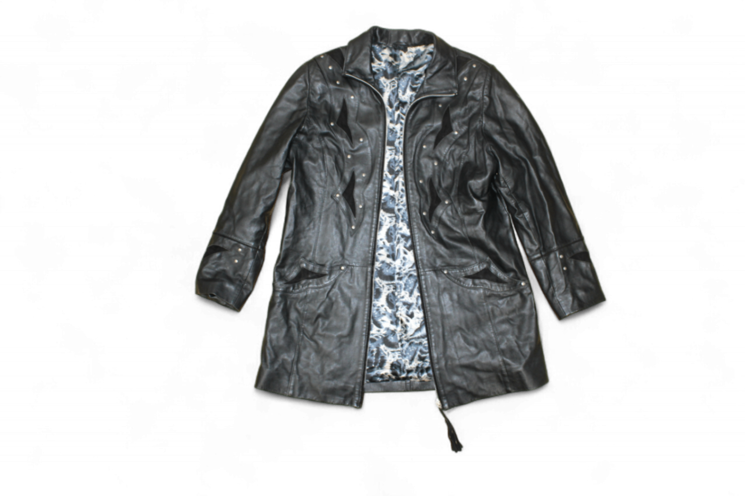 M - Vintage Coat L Black Leather, Suede panels, Blue floral lining, B